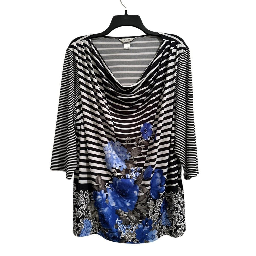 CJ Banks Floral Fairycore Tunic Blouse Womens 1X Cowl Neck Asymmetrical Stripes